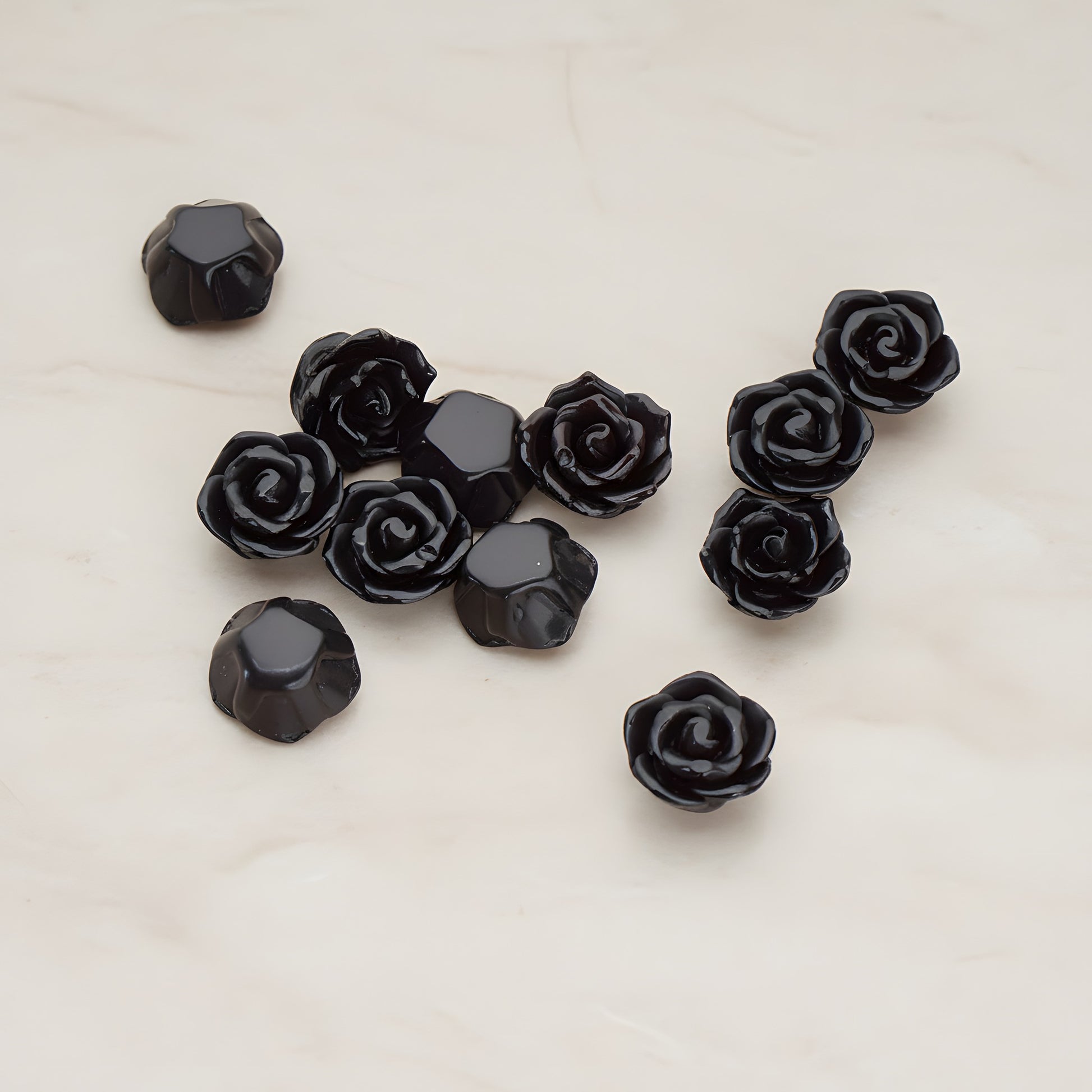 Pointed Petal Rose Flower Flat Back Cabochon, 6 Pc - Black (CB.132)