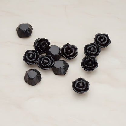 Pointed Petal Rose Flower Flat Back Cabochon, 6 Pc - Black (CB.132)