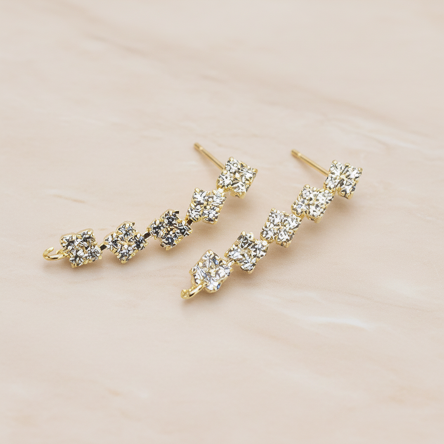 Clear Crystal Cubic Zirconia Setting Square Linked Drop Ear Post, 2 Pc - Glossy Gold (ER.025)