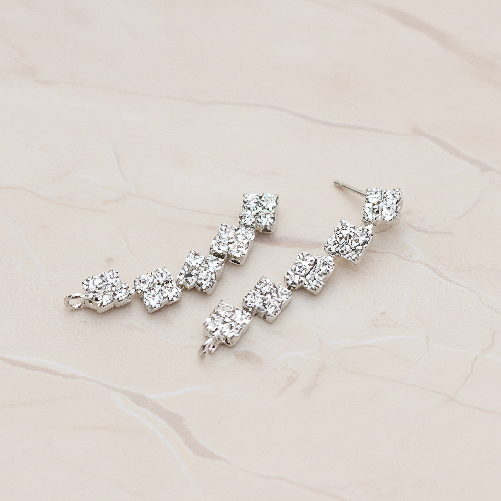 Clear Crystal Cubic Zirconia Setting Square Linked Drop Ear Post, 2 Pc - Glossy Original Rhodium (ER.025)