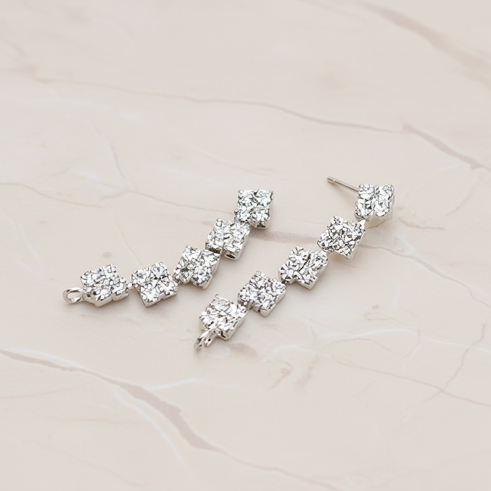 Clear Crystal Cubic Zirconia Setting Square Linked Drop Ear Post, 2 Pc - Glossy Original Rhodium (ER.025)