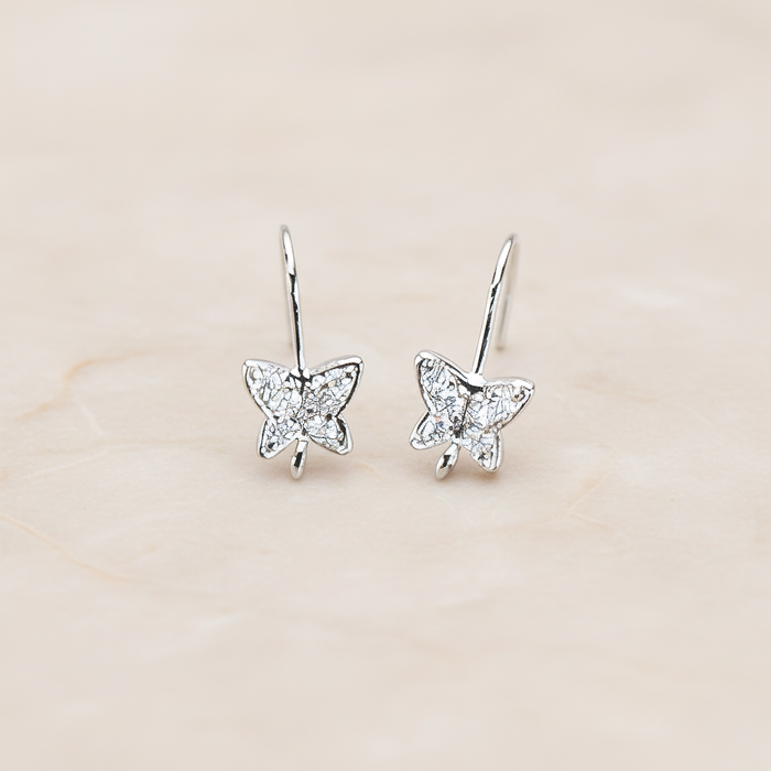 Clear Crystal Cubic Zirconia Setting Butterfly Earwire, 2 Pc - Glossy Original Rhodium (ER.046)