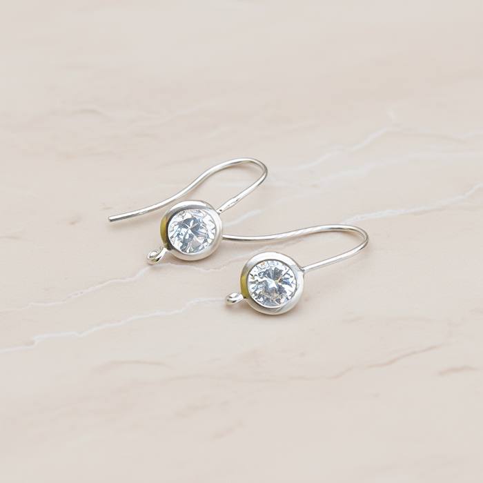 Smooth Round Framed Clear Crystal Cubic Zirconia Earwire, 2 Pc - Matte Original Rhodium (ER.174)