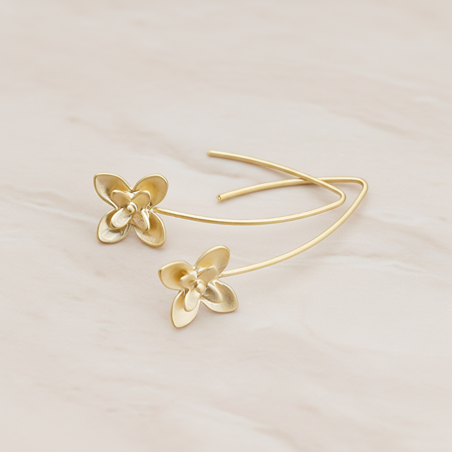 Double Layer Flower Long Earwire, 2 Pc - Matte Gold (ER.228)