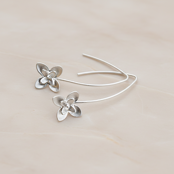 Double Layer Flower Long Earwire, 2 Pc - Matte Original Rhodium (ER.228)