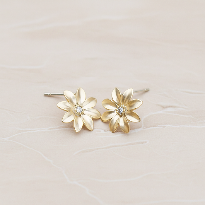 Clear Crystal Cubic Zirconia Centered Daisy Flower Ear Post, 2 Pc - Matte Gold (ER.237)