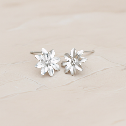 Clear Crystal Cubic Zirconia Centered Daisy Flower Ear Post, 2 Pc - Matte Original Rhodium (ER.237)