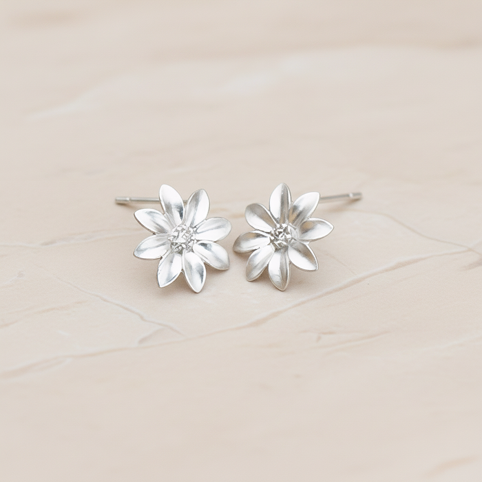 Clear Crystal Cubic Zirconia Centered Daisy Flower Ear Post, 2 Pc - Matte Original Rhodium (ER.237)