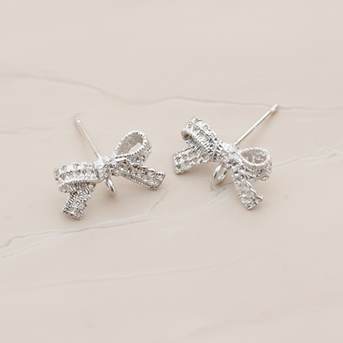 Lace Ribbon Bow Ear Post, 2 Pc - Matte Original Rhodium (ER.285)