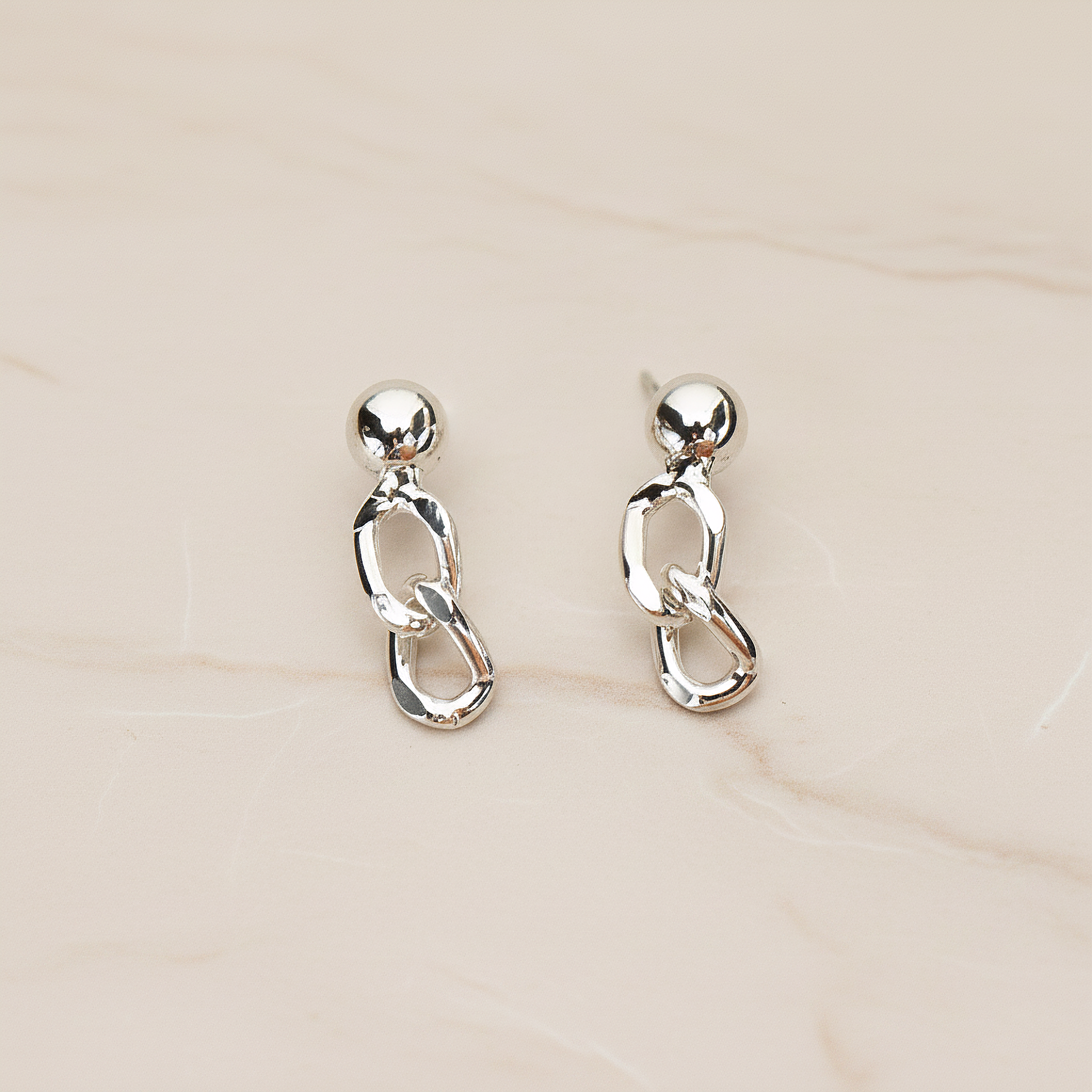 5mm Ball with Twisted Flattened Cable Chain Link Ear Post, 2 Pc - Glossy Original Rhodium (ER.365)