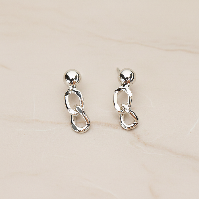 5mm Ball with Twisted Flattened Cable Chain Link Ear Post, 2 Pc - Glossy Original Rhodium (ER.365)