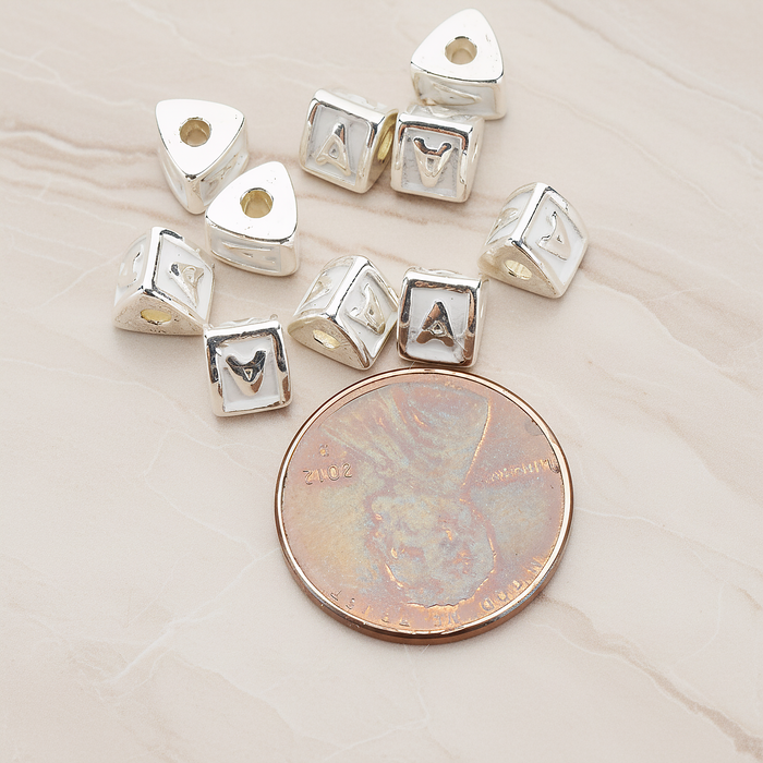 Triangle Cube Initial Metal Bead, 2 Pc on warm marble background (PD.1136)