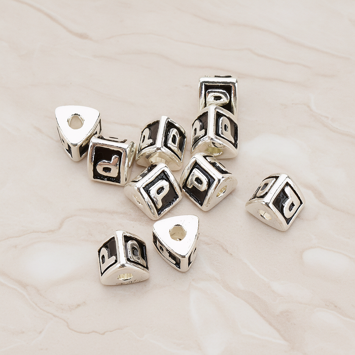 Triangle Cube Initial Metal Bead, 2 Pc on warm marble background (PD.1136)