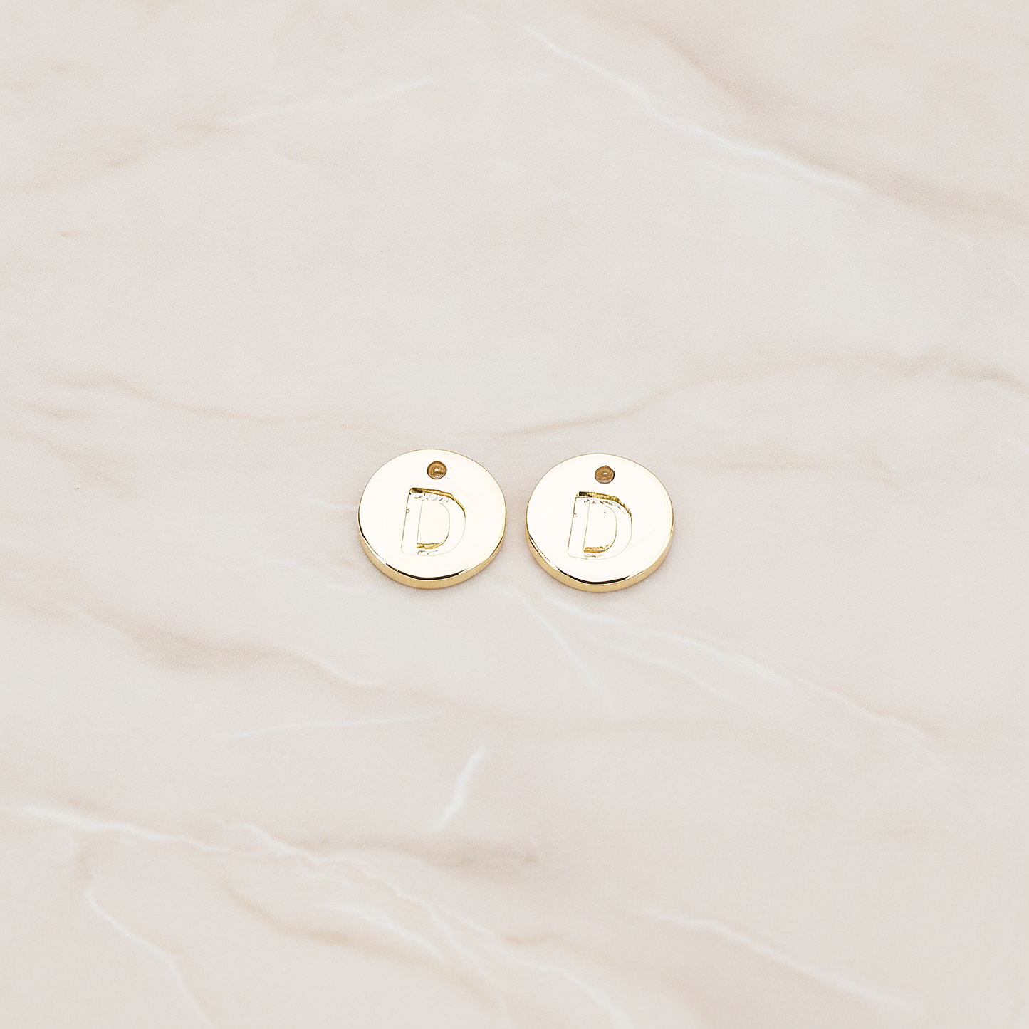 Round Disk Initial Pendant, 2 Pc on warm marble background (PD.219)
