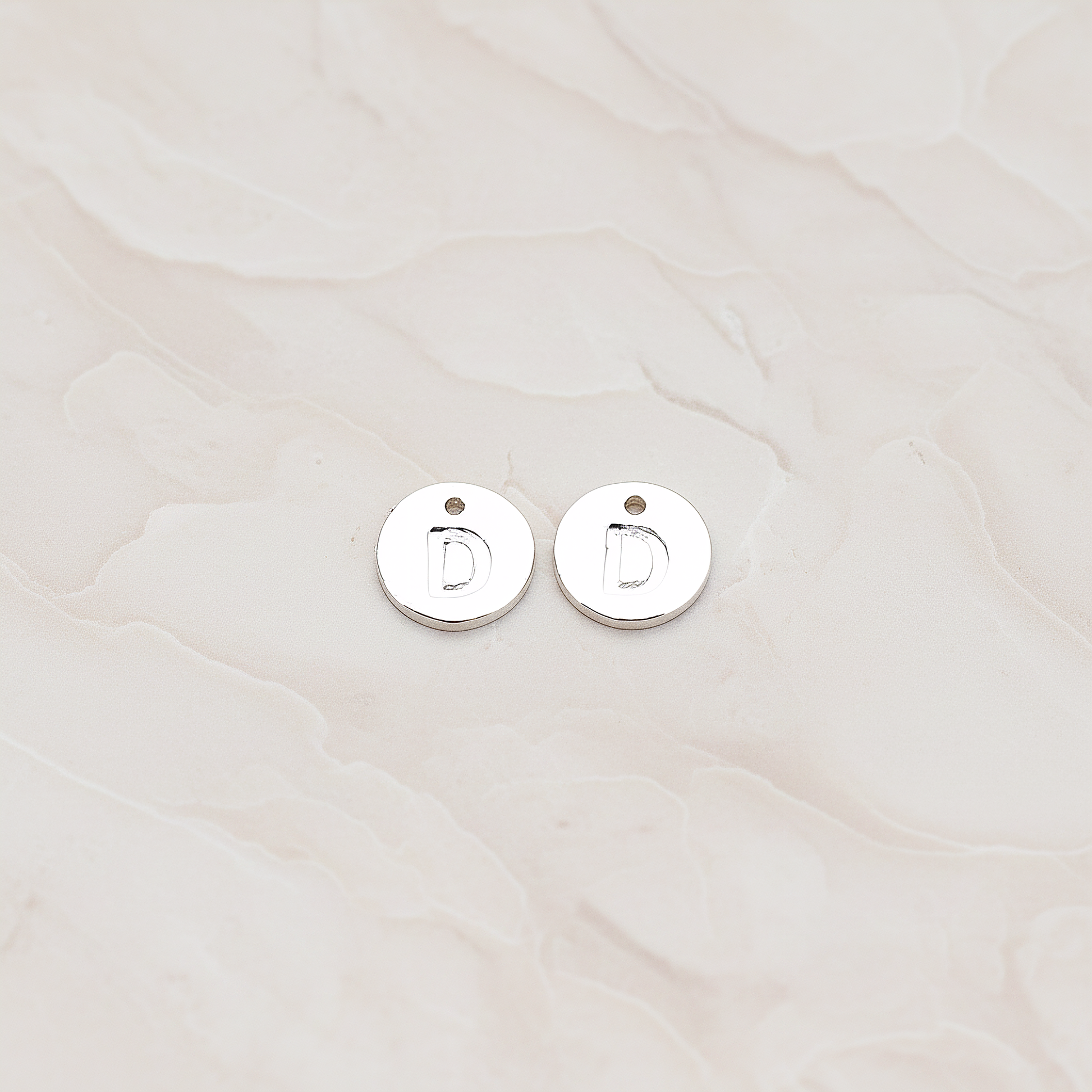Round Disk Initial Pendant, 2 Pc on warm marble background (PD.219)