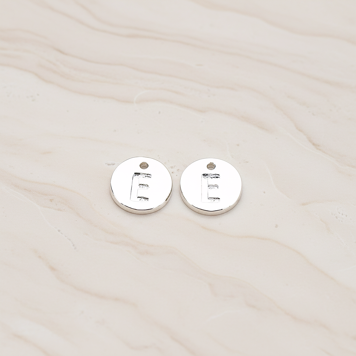 Round Disk Initial Pendant, 2 Pc on warm marble background (PD.219)