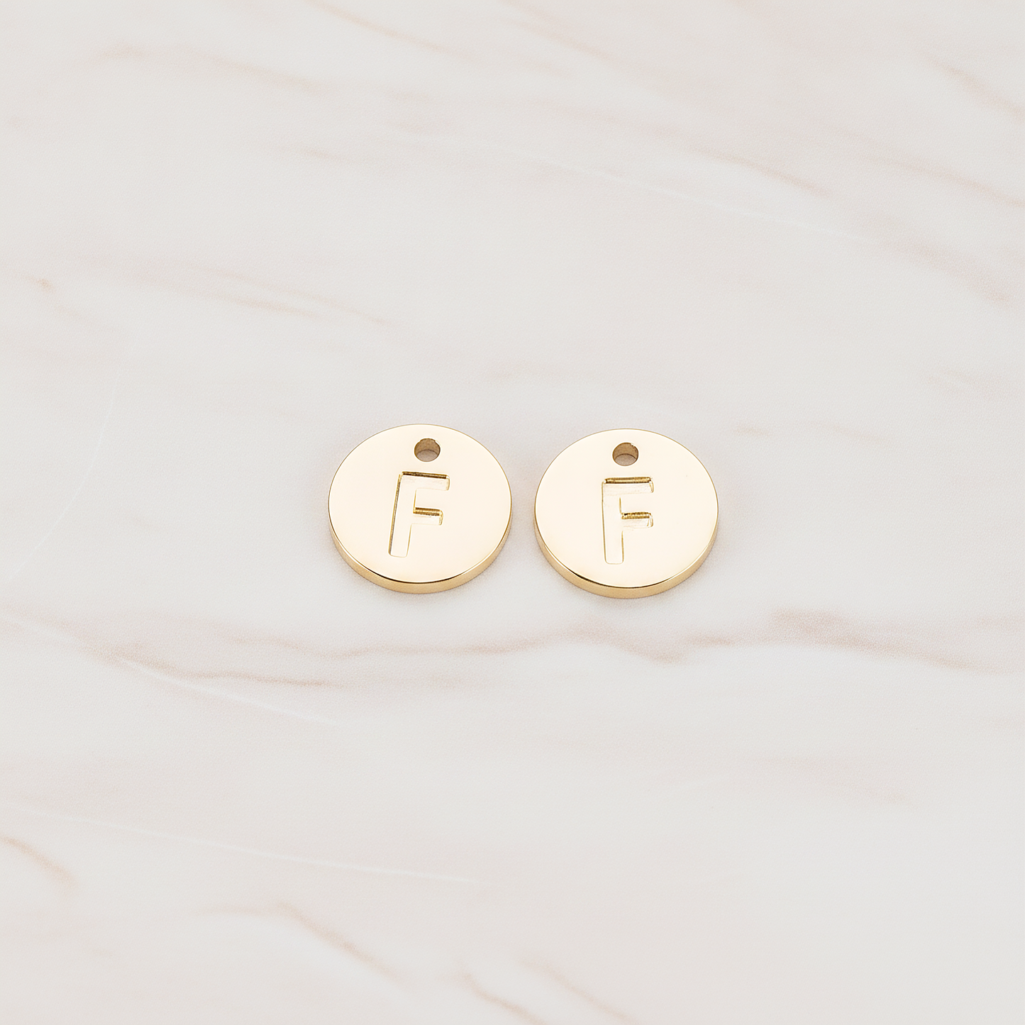 Round Disk Initial Pendant, 2 Pc on warm marble background (PD.219)