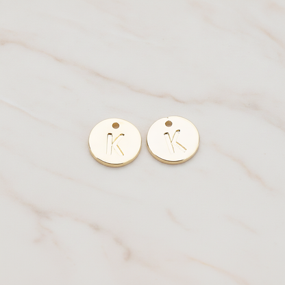 Round Disk Initial Pendant, 2 Pc on warm marble background (PD.219)