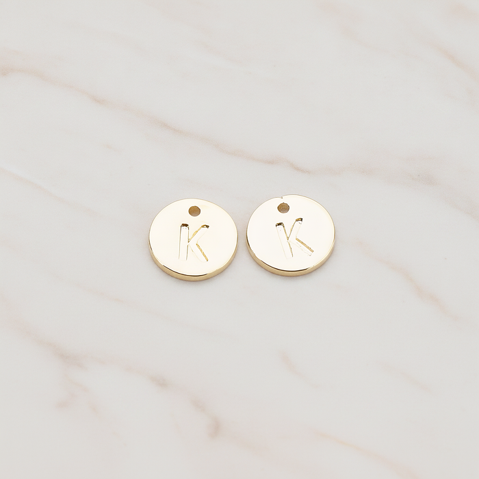 Round Disk Initial Pendant, 2 Pc on warm marble background (PD.219)