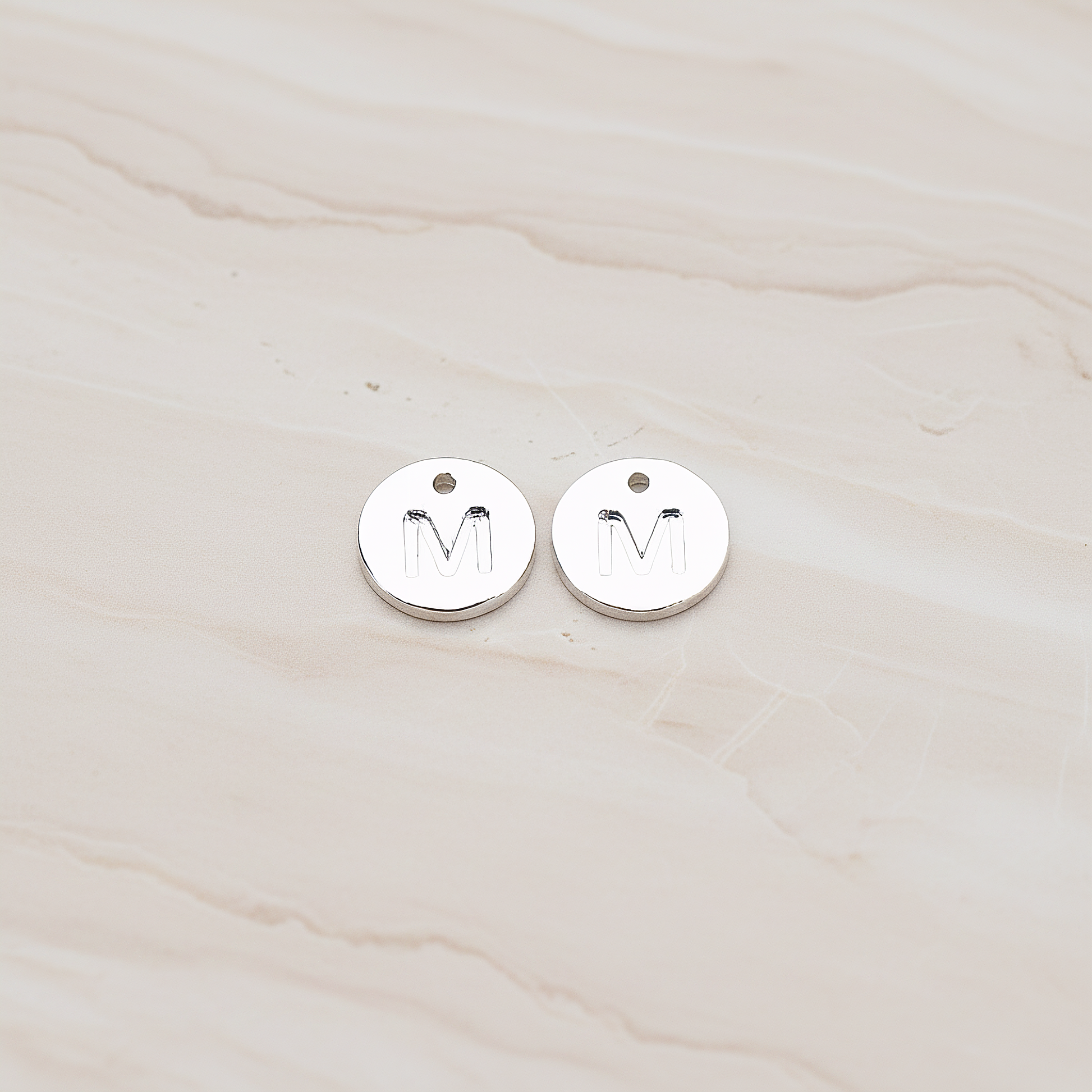 Round Disk Initial Pendant, 2 Pc on warm marble background (PD.219)