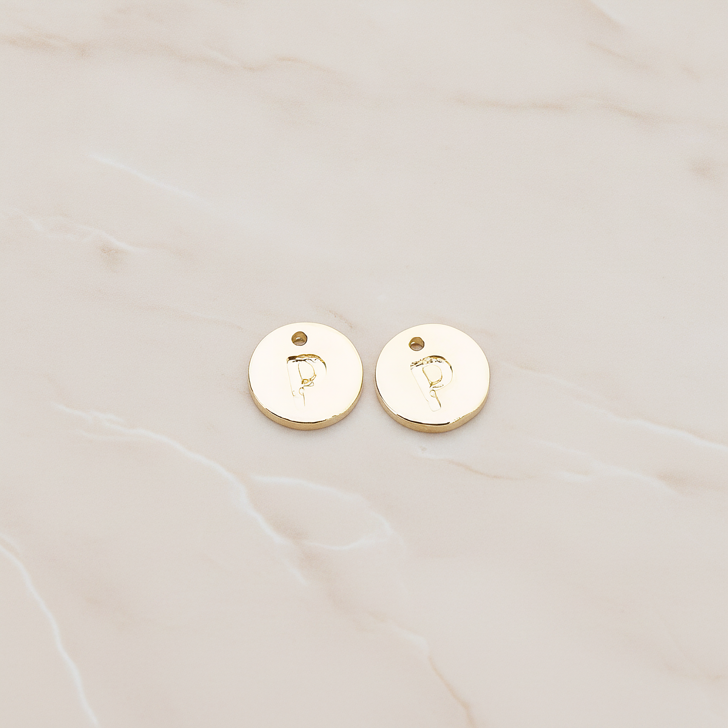 Round Disk Initial Pendant, 2 Pc on warm marble background (PD.219)