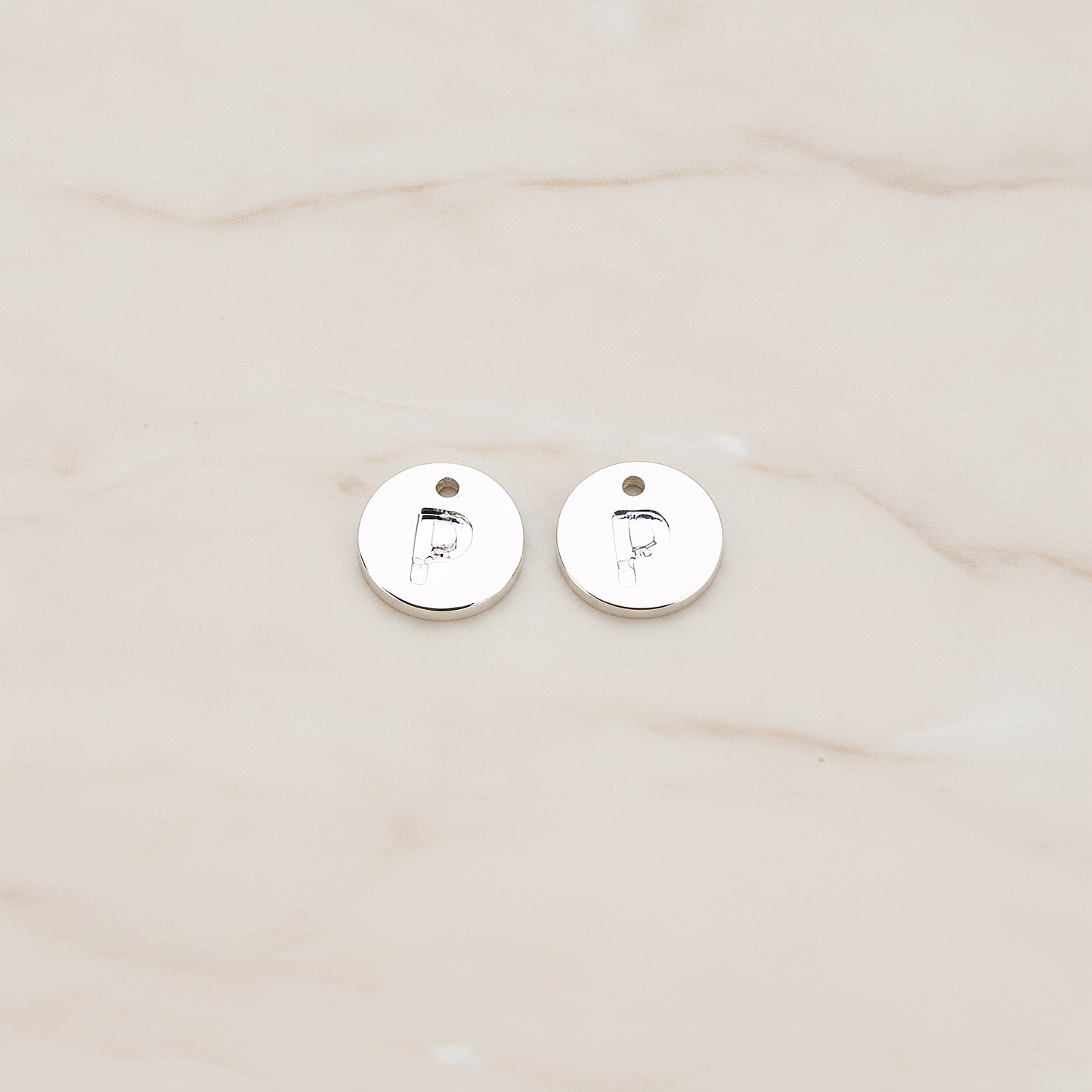 Round Disk Initial Pendant, 2 Pc on warm marble background (PD.219)