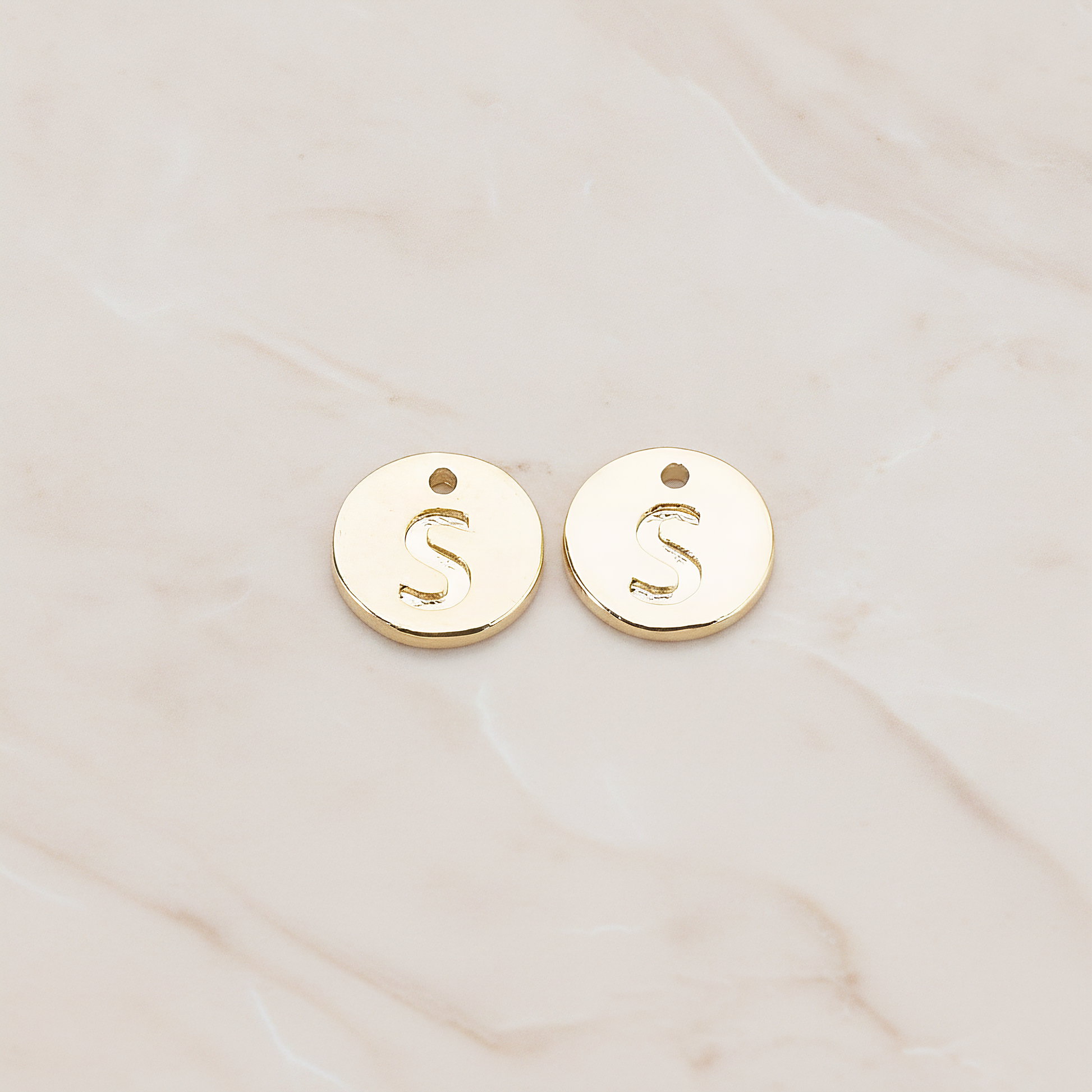 Round Disk Initial Pendant, 2 Pc on warm marble background (PD.219)