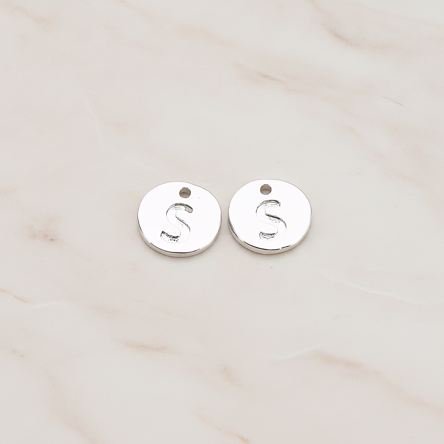 Round Disk Initial Pendant, 2 Pc on warm marble background (PD.219)