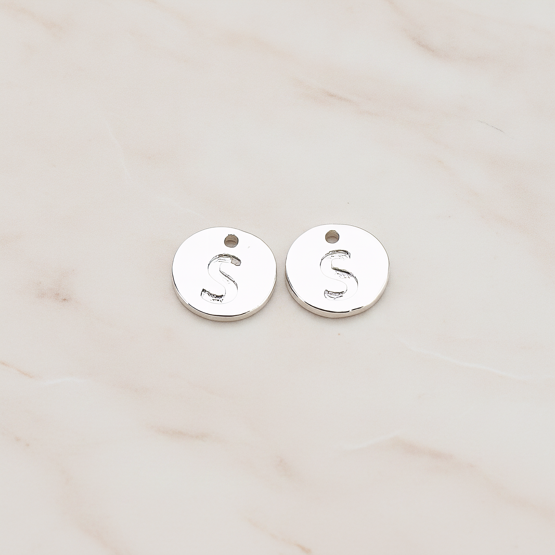 Round Disk Initial Pendant, 2 Pc on warm marble background (PD.219)