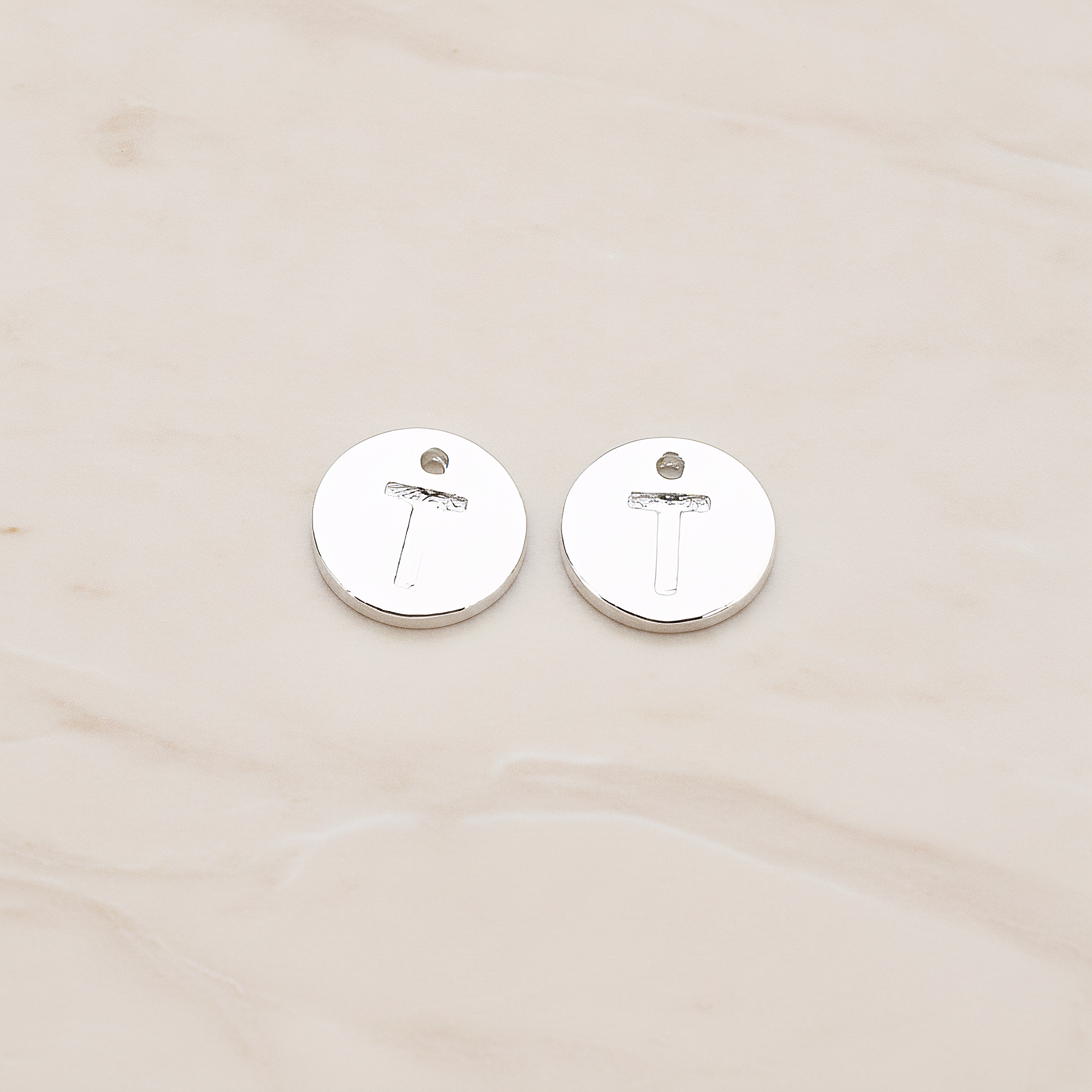 Round Disk Initial Pendant, 2 Pc on warm marble background (PD.219)