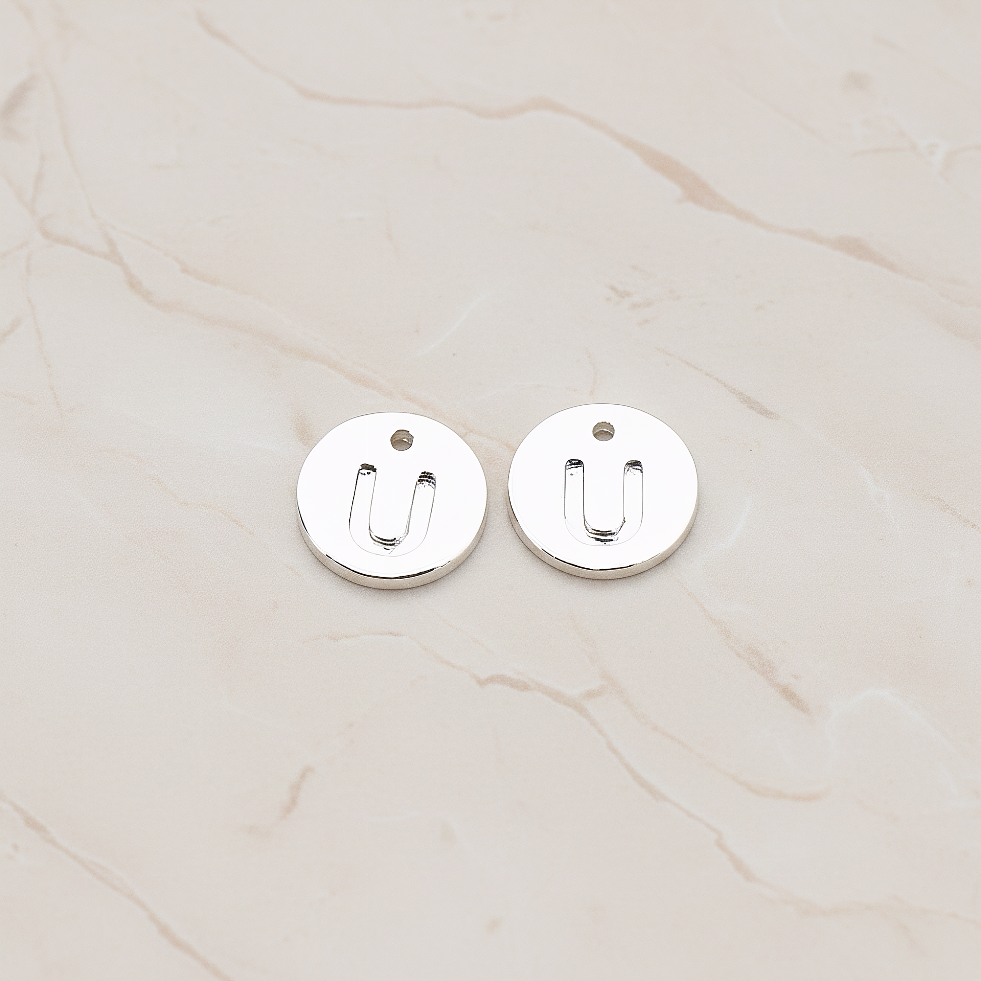 Round Disk Initial Pendant, 2 Pc on warm marble background (PD.219)