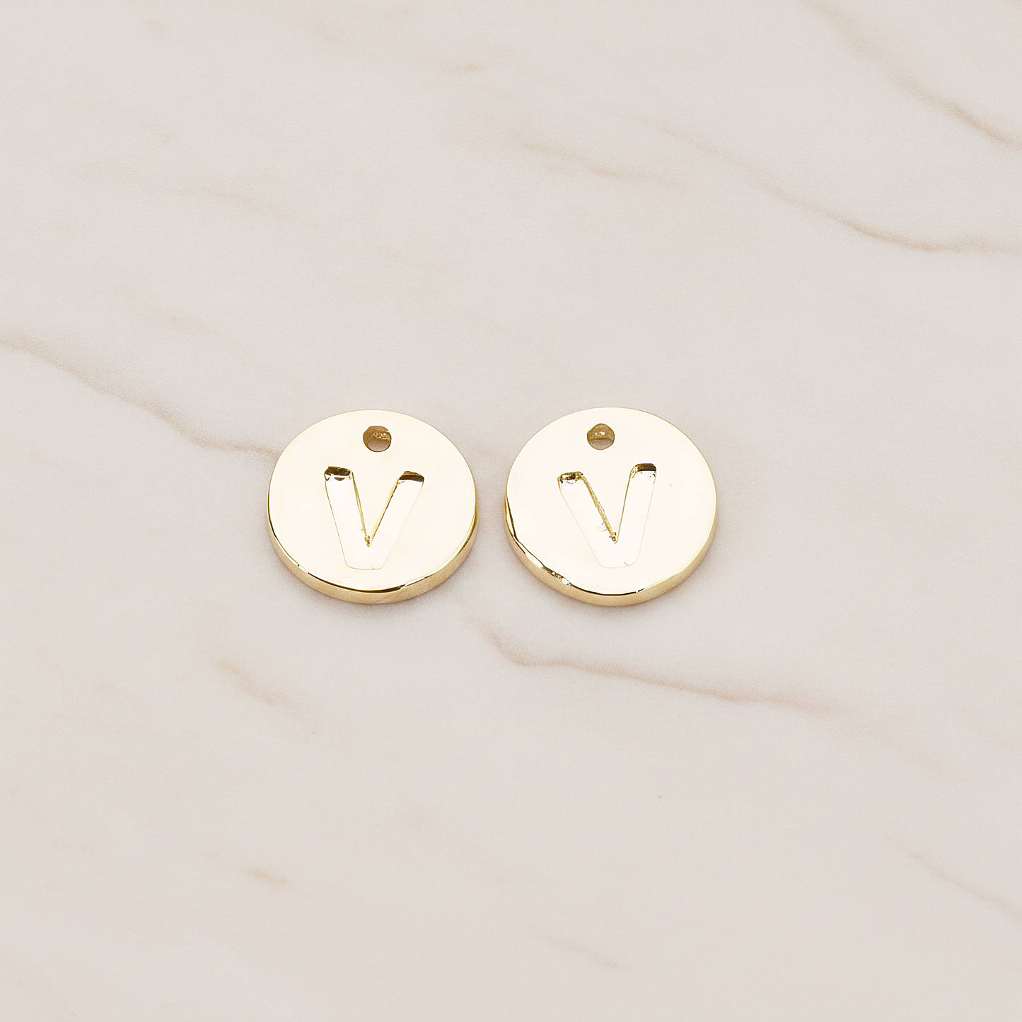 Round Disk Initial Pendant, 2 Pc on warm marble background (PD.219)