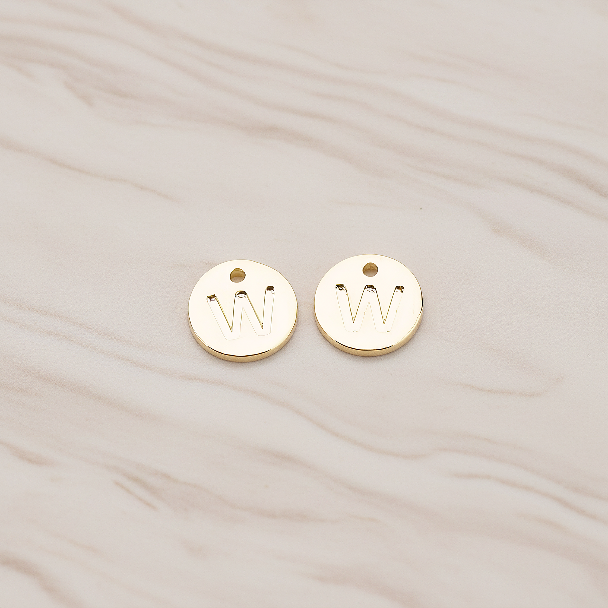 Round Disk Initial Pendant, 2 Pc on warm marble background (PD.219)
