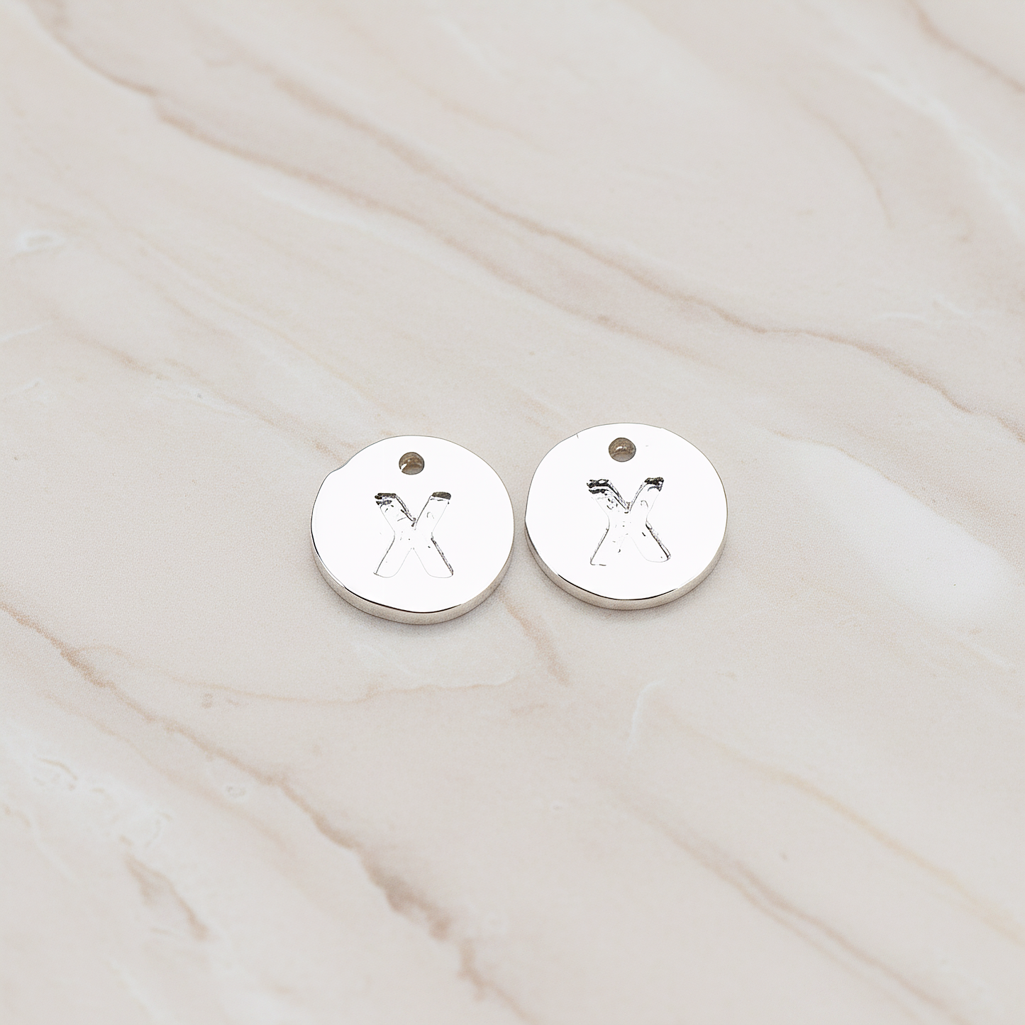 Round Disk Initial Pendant, 2 Pc on warm marble background (PD.219)