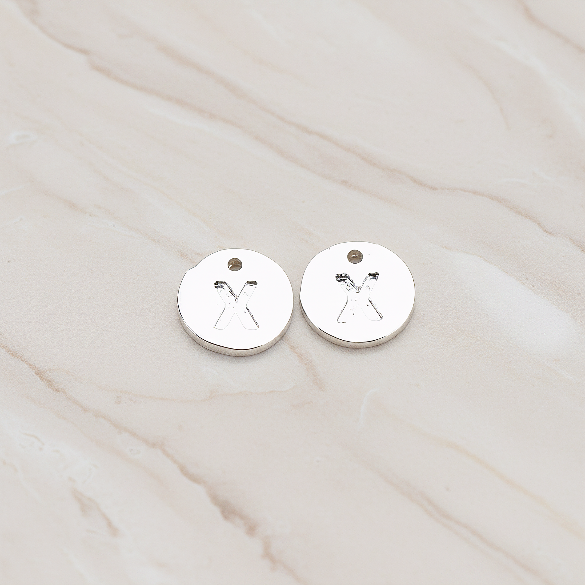 Round Disk Initial Pendant, 2 Pc on warm marble background (PD.219)