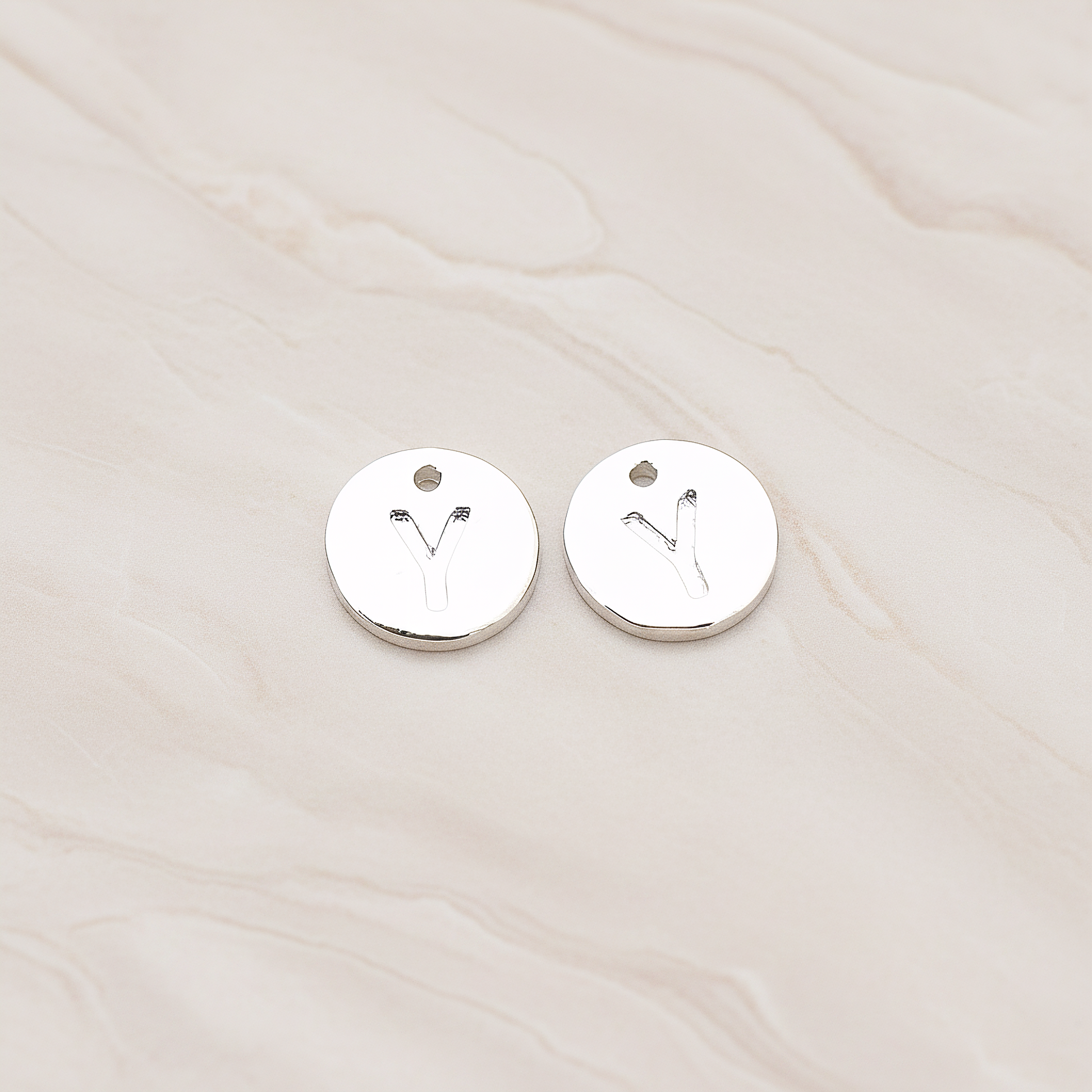Round Disk Initial Pendant, 2 Pc on warm marble background (PD.219)