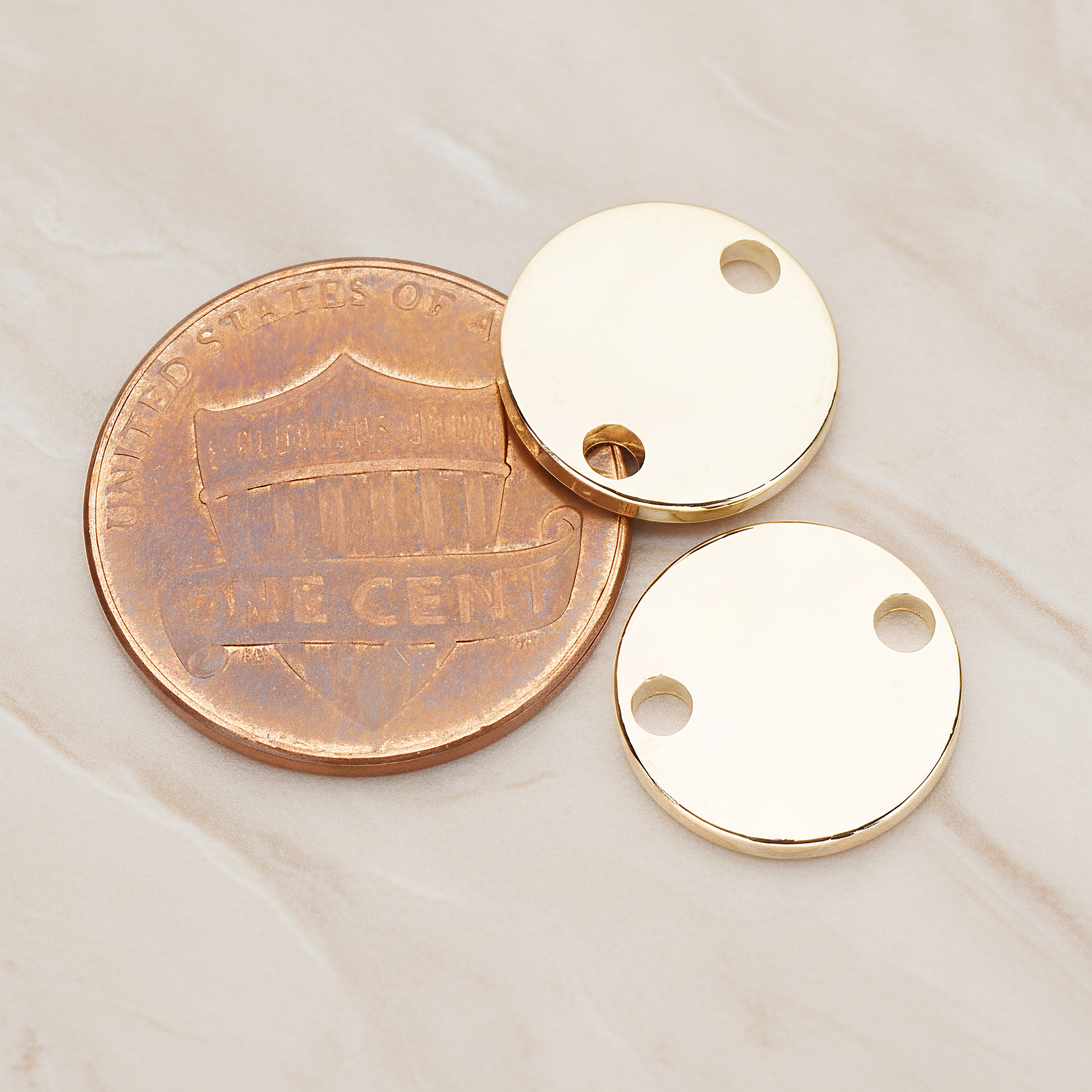 12mm Round Disk Tag Connector, 2 Pc on warm marble background (PD.1011-02)