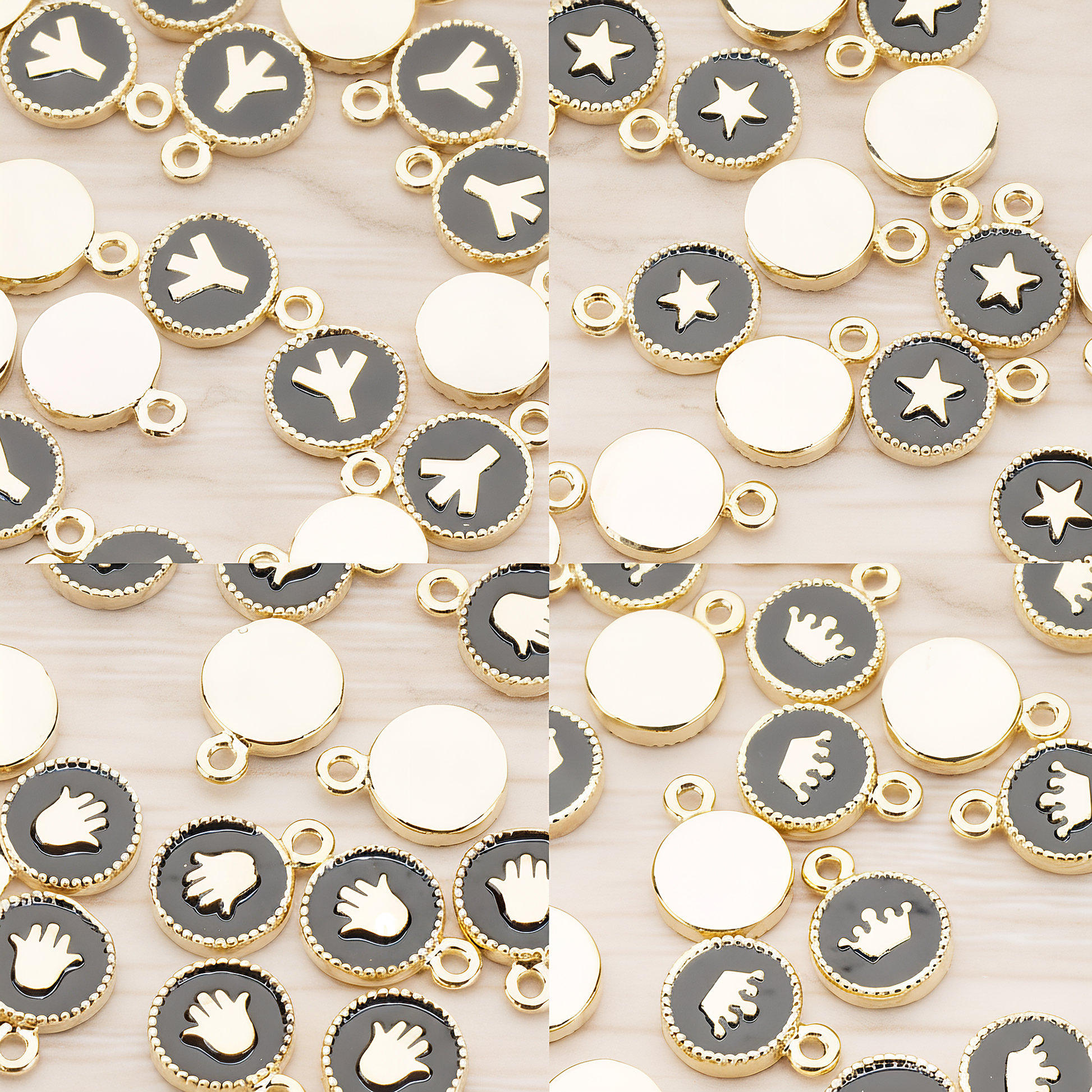 Round Heart or Moon or Peace or Star of Hand or Crown Pendant, 2 Pc on warm marble background (PD.1030-BL)