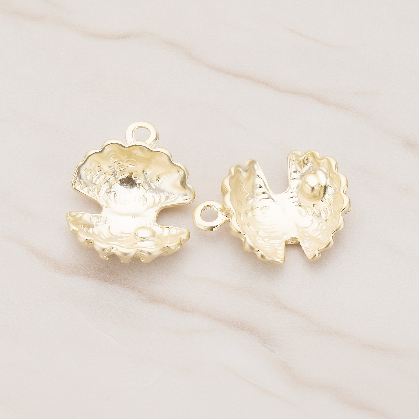 Open Seashell Scallop Pendant, 2 Pc on warm marble background (PD.1034)