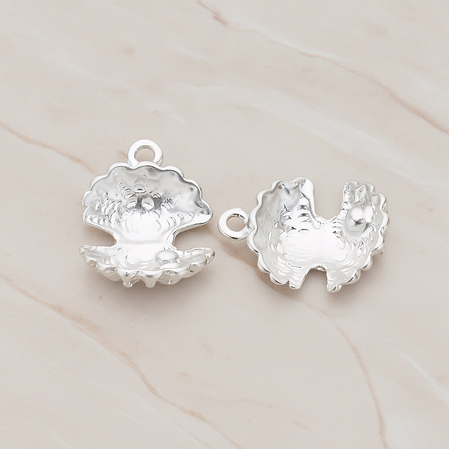 Open Seashell Scallop Pendant, 2 Pc on warm marble background (PD.1034)