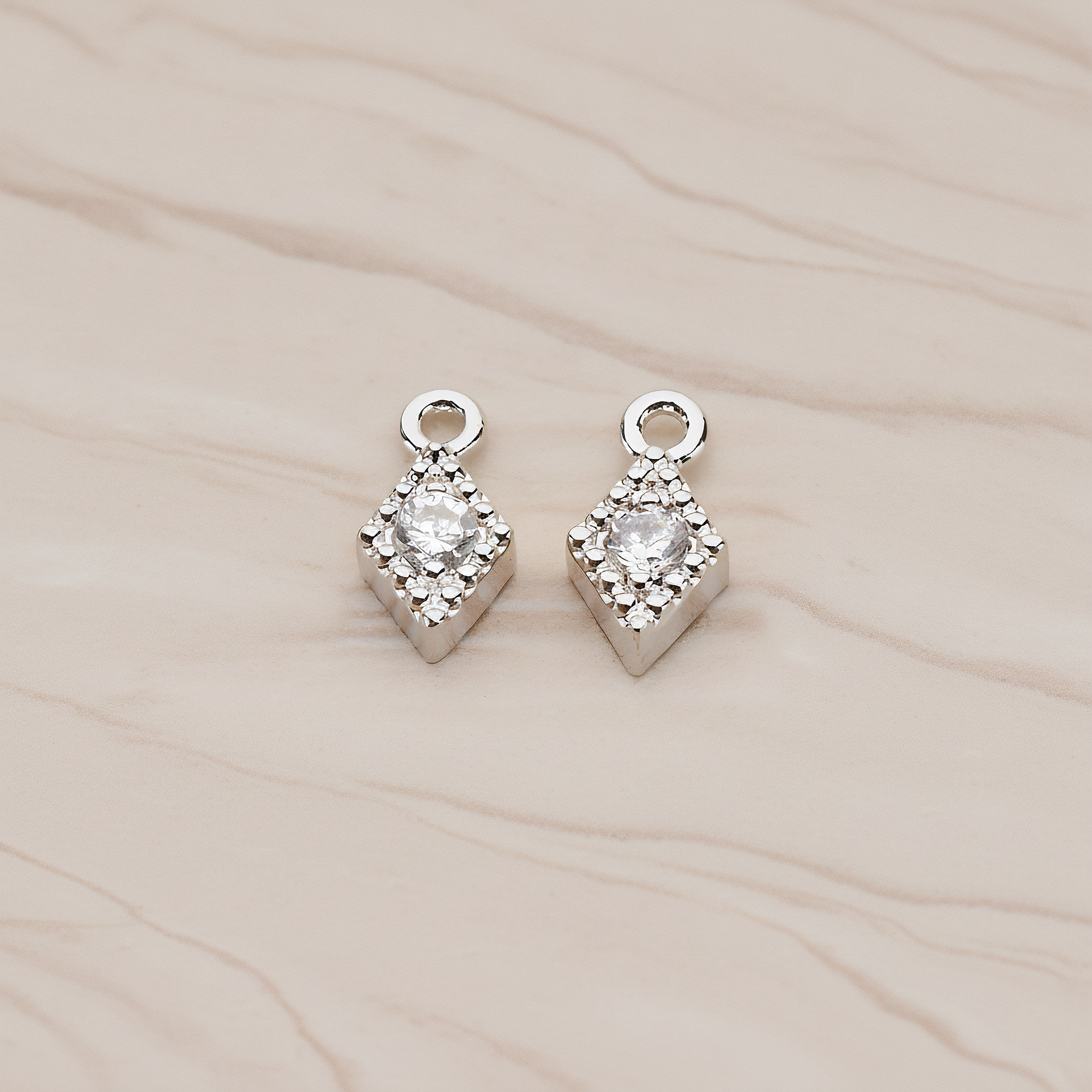 Diamond Shaped Framed Cubic Setting Pendant, 2 Pc on warm marble background (PD.1080)