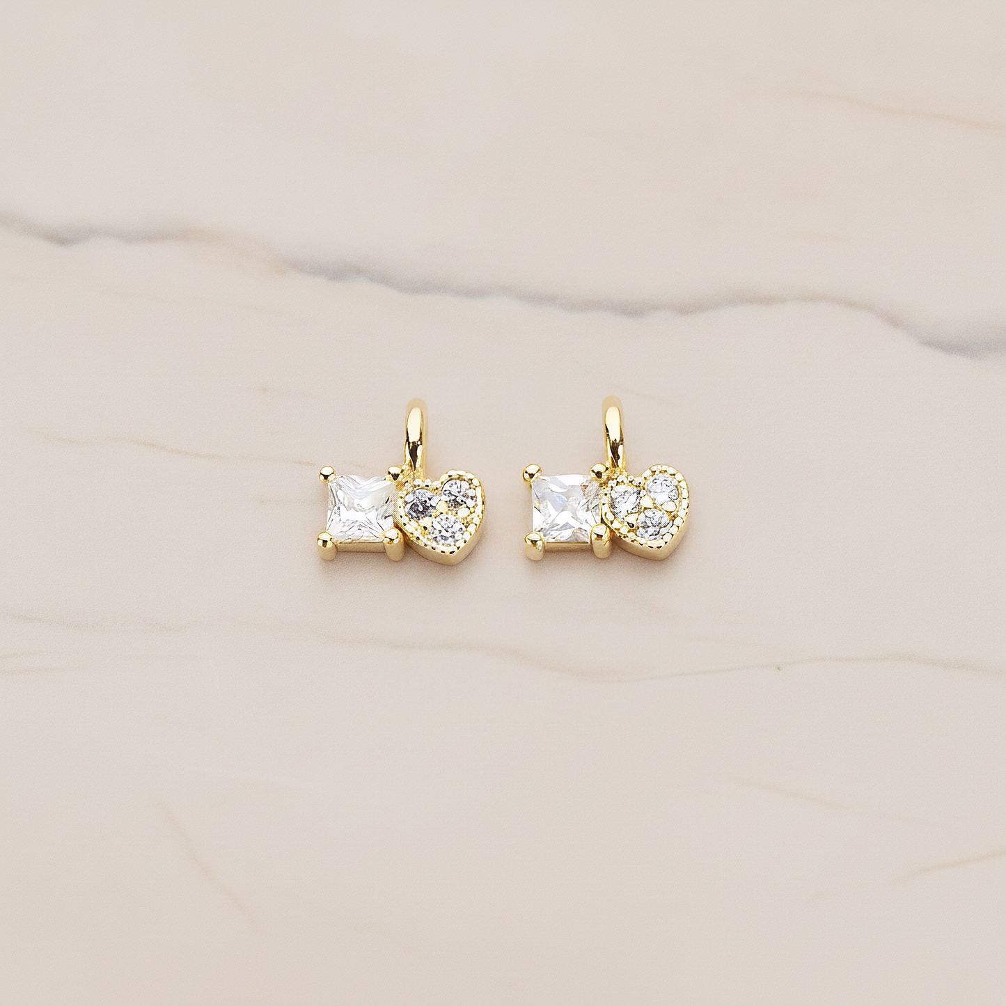 Cubic Zirconia Heart and Square Pendant, 2 Pc on warm marble background (PD.1204)