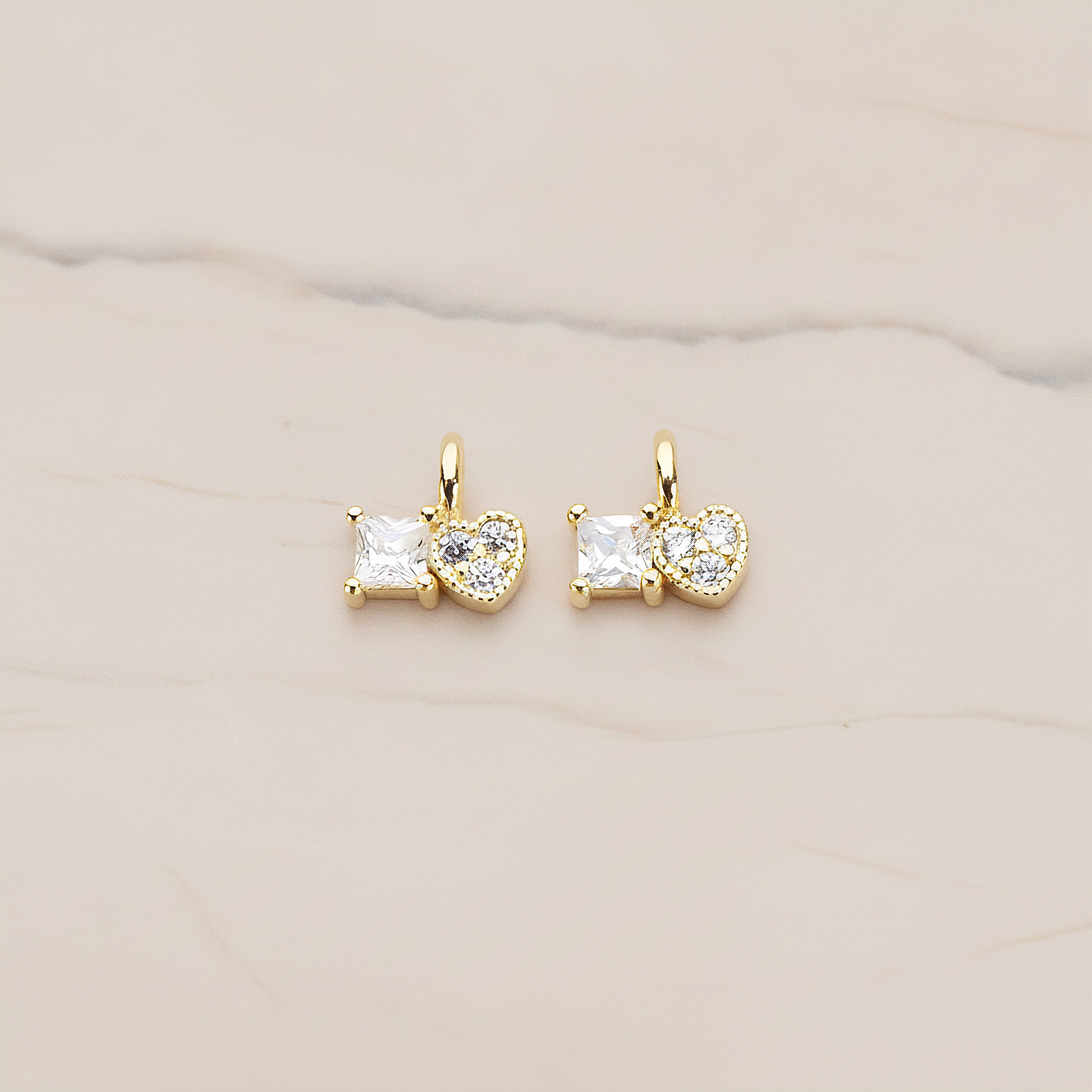 Cubic Zirconia Heart and Square Pendant, 2 Pc on warm marble background (PD.1204)