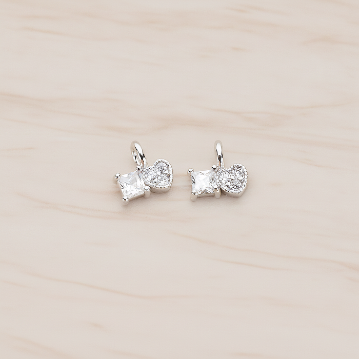 Cubic Zirconia Heart and Square Pendant, 2 Pc on warm marble background (PD.1204)