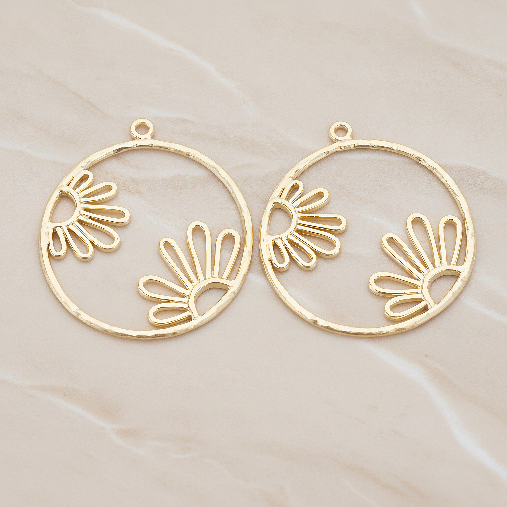 Round Sunflower Pattern Pendant, 2 Pc on warm marble background (PD.1214)