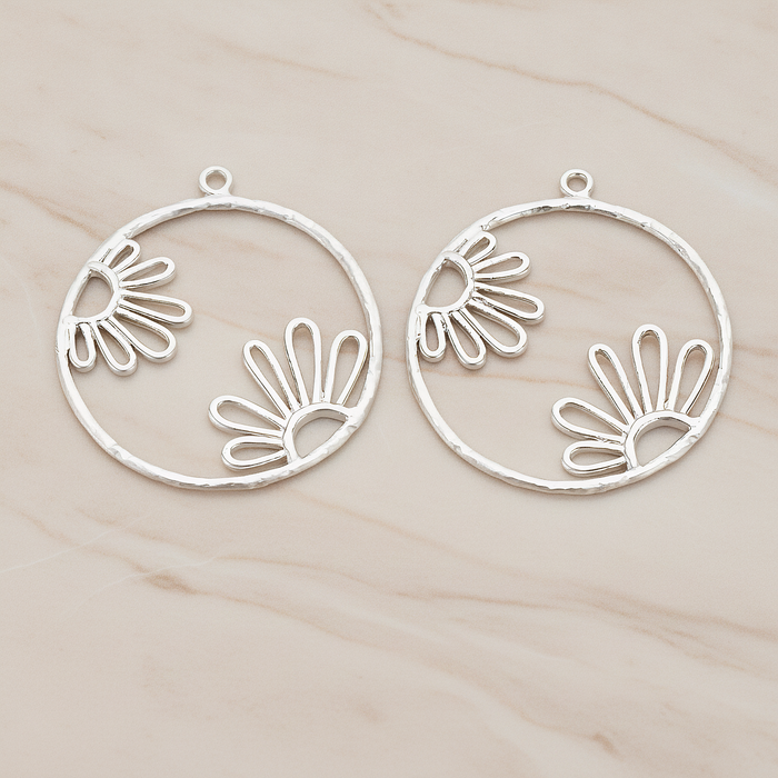 Round Sunflower Pattern Pendant, 2 Pc on warm marble background (PD.1214)