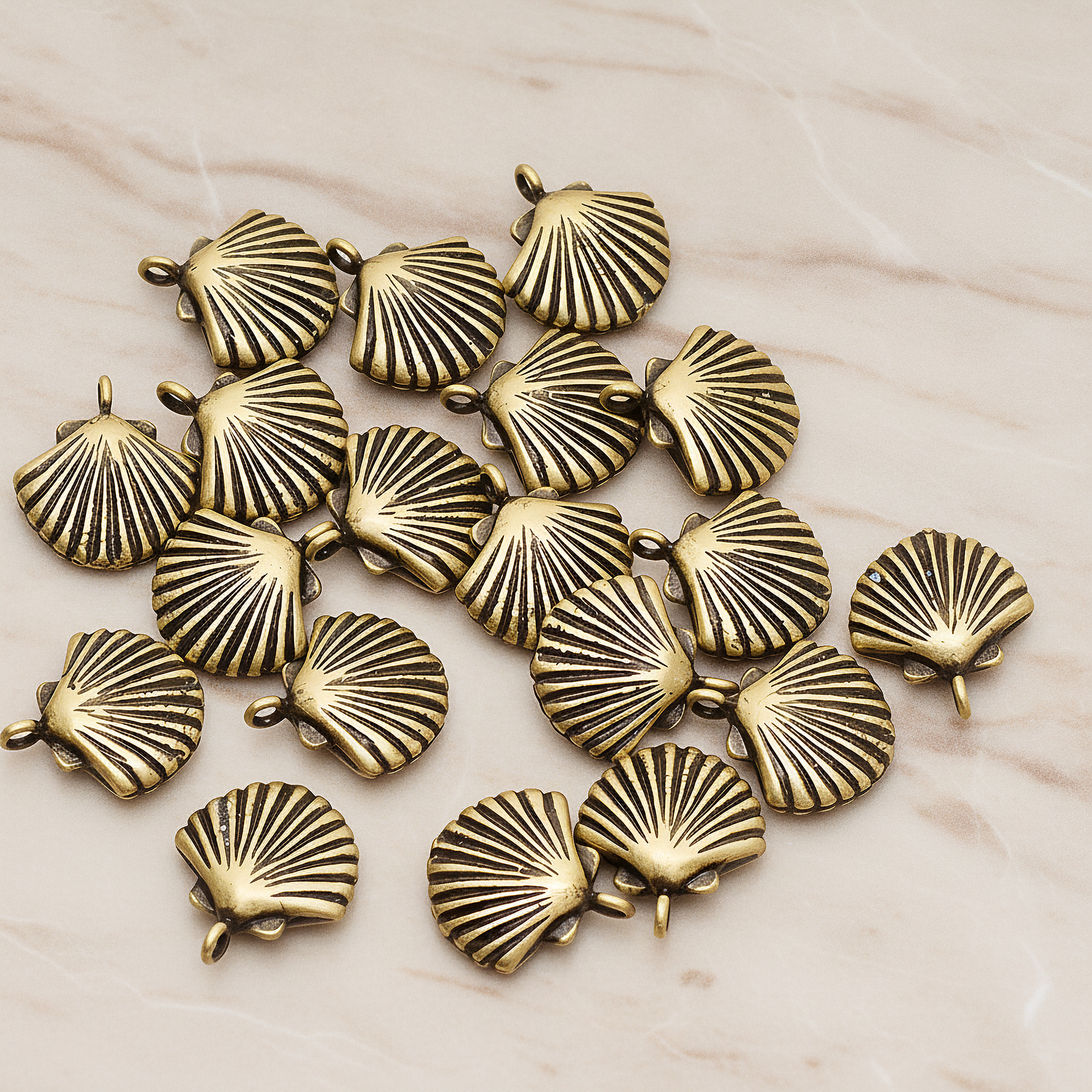 Scallop Seashell Pendant, 2 Pc on warm marble background (PD.1242)