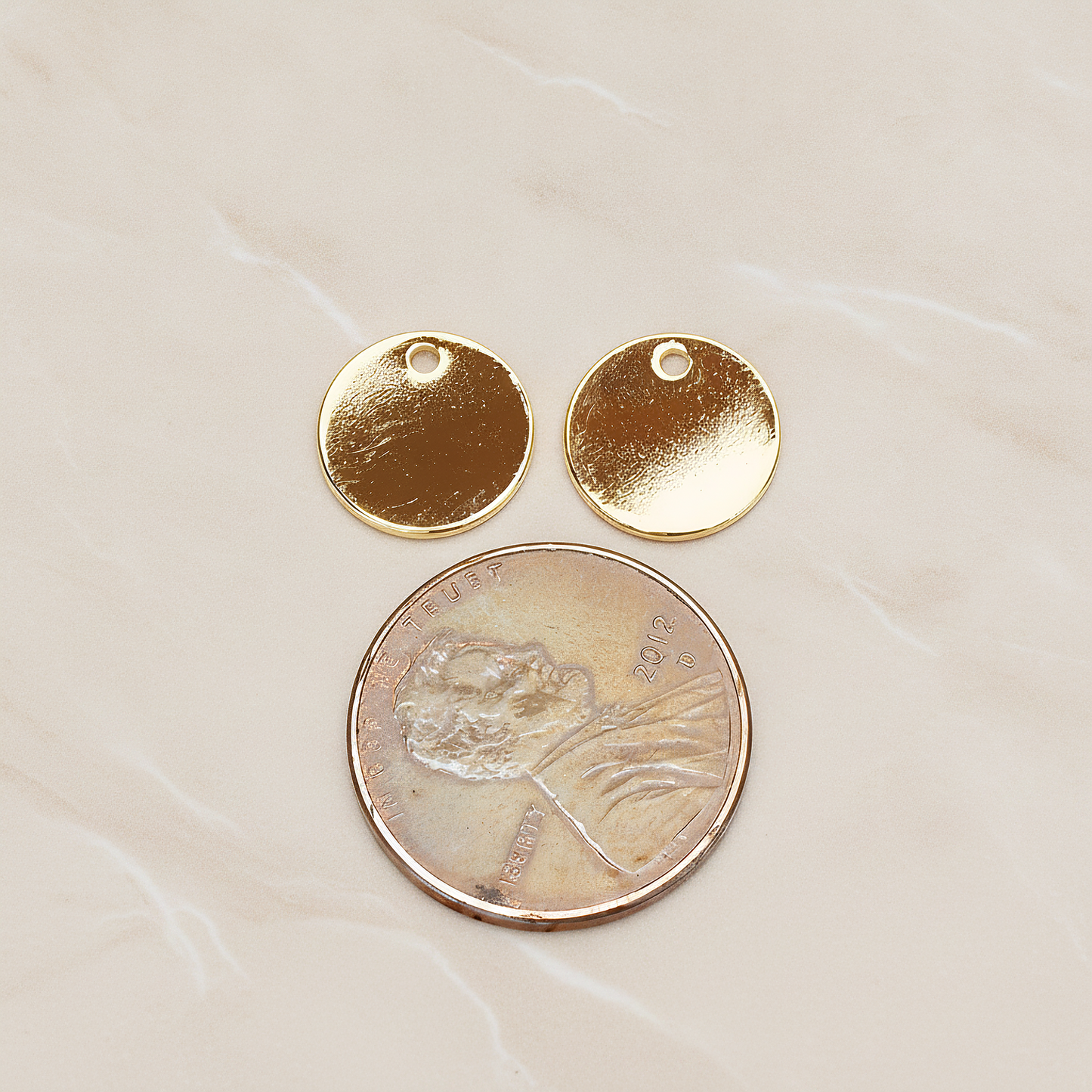 Round 10 Mm Disk Tag Coin Pendant, 2 Pc on warm marble background (PD.1322)