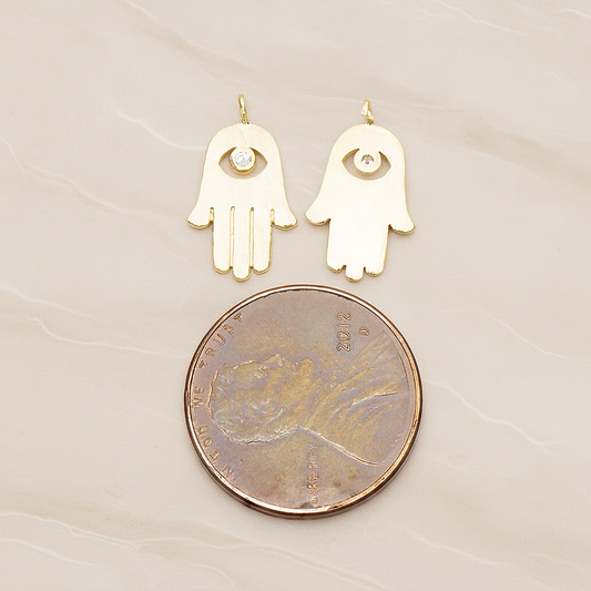 Cubic Setting Brushed Hamsa Pendant, 2 Pc on warm marble background (PD.1358)