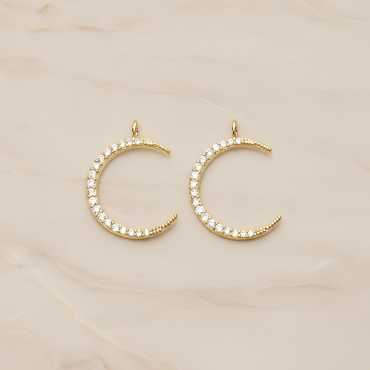 Cubic Zirconia Setting Thin Crescent Moon Pendant, 1 Pc on warm marble background (PD.1365)